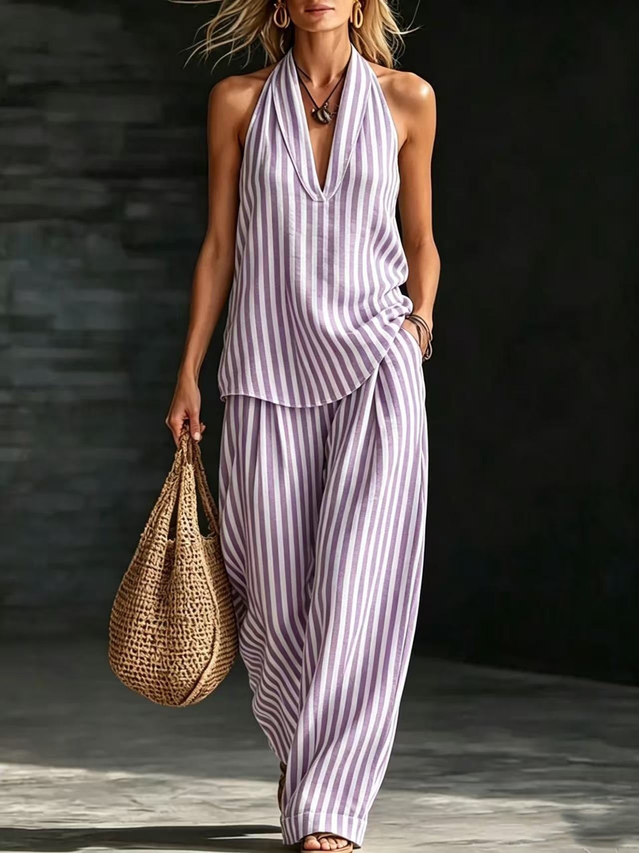 Striped Wide-leg Pants Womens Fashionable Two-piece Set