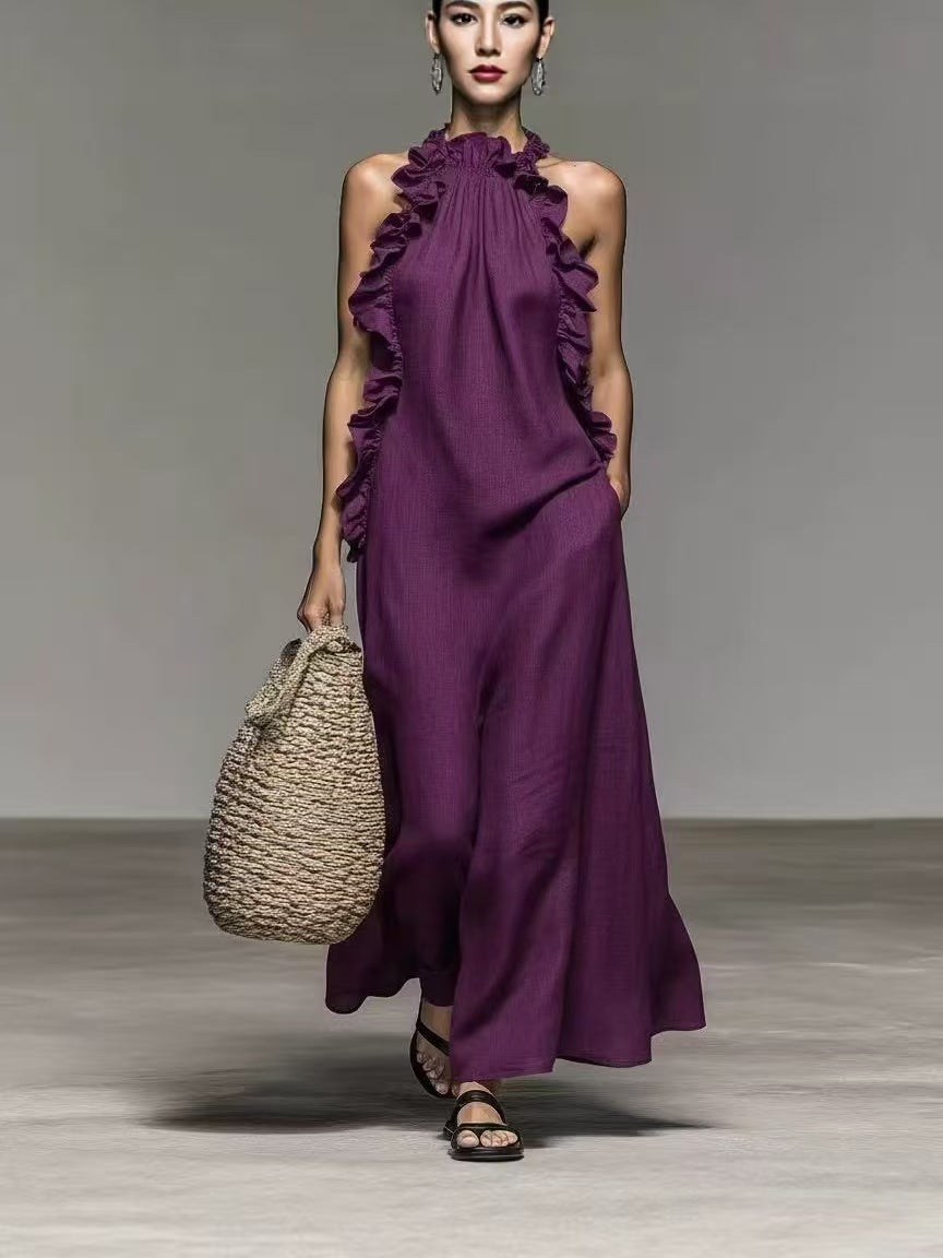 Summer Halter Neck Ruffled Sleeveless Dress, Loose Fit Flowy Dress With Pockets