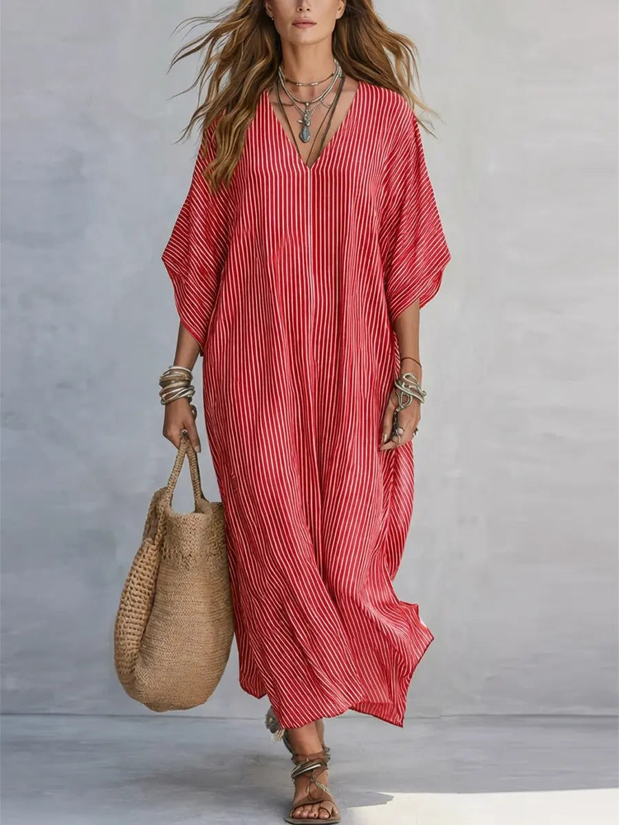 Loose-fitting Plus-size Resort Maxi Dress V-neck Shirt-style Striped Sundress