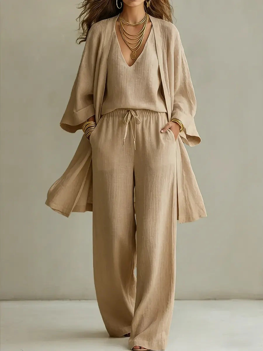 Womens Solid Color V-Neck Cardigan Vest With Pockets And Long Pants Three-Piece Set