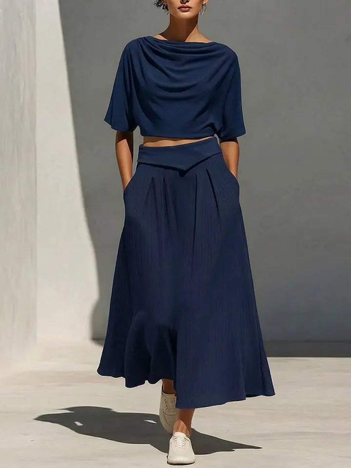 Womens Crew-Neck Short-Sleeve Casual Top And High-Waist Skirt Set