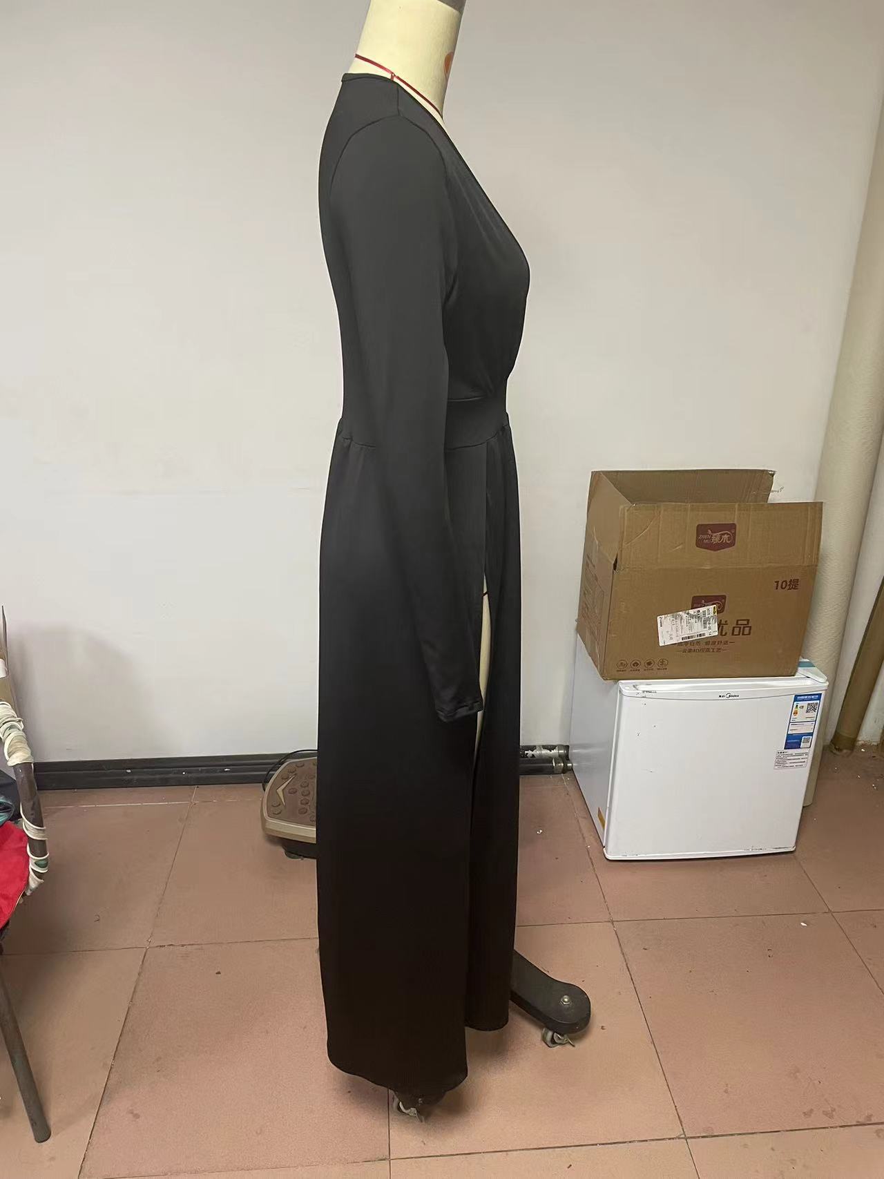 Long-sleeve V-neck Solid-color Hollow-out Dress