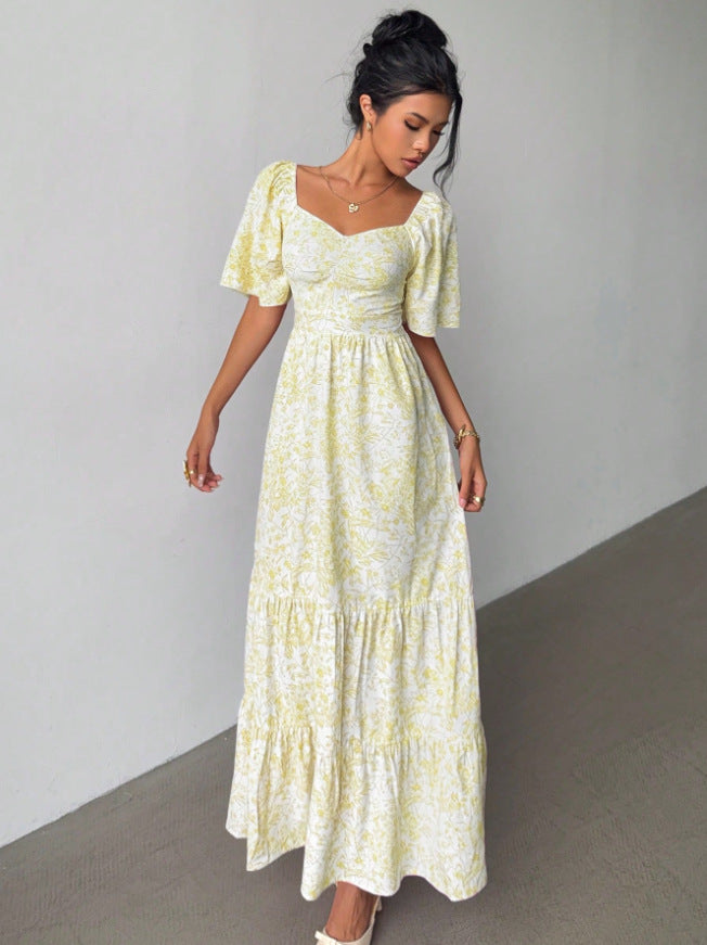Elegant Printed Long Dress With A Square Neckline And Puffed Sleeves
