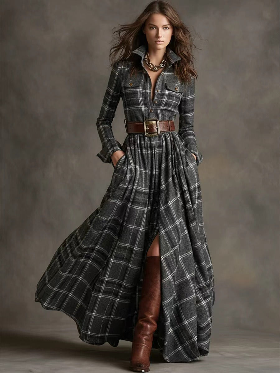 Ins Plaid Print Long-Sleeved Dress Fashion Pockets Collared Buttons Shirt Long Dresses Retro Women's Clothing