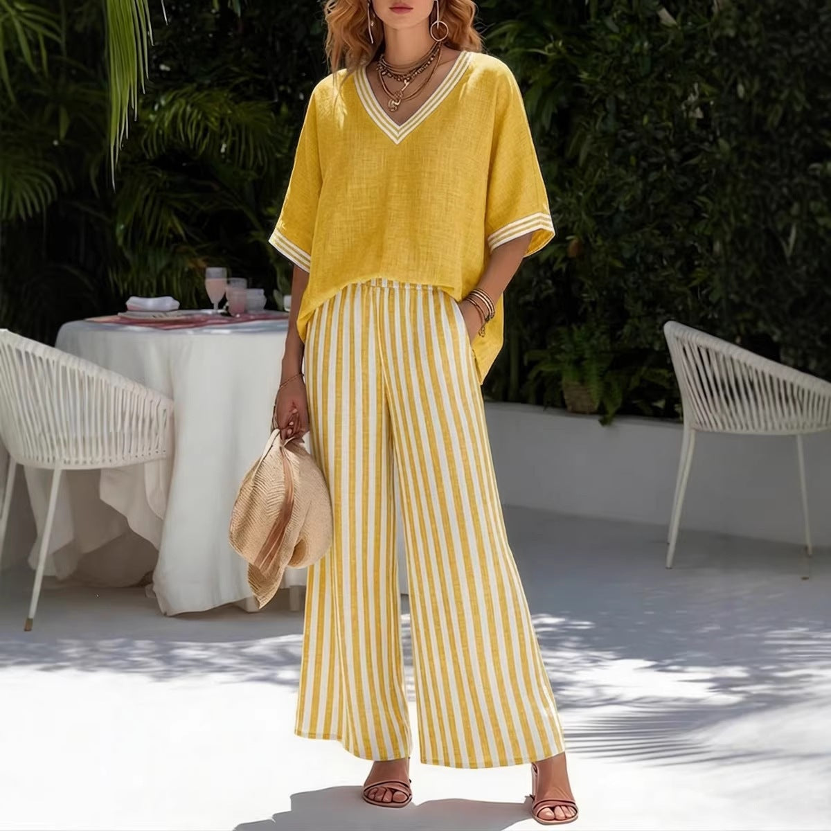Tunic-style Striped Casual Trousers Womens Outfit