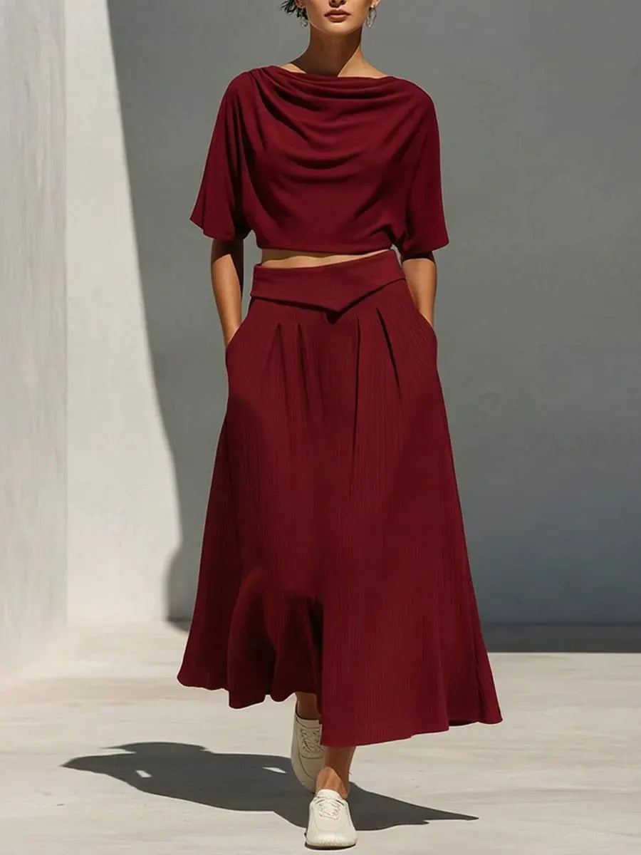 Womens Crew-Neck Short-Sleeve Casual Top And High-Waist Skirt Set