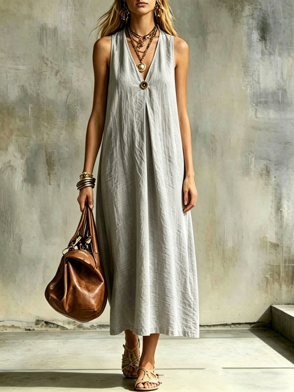 Cotton-Linen Loose V-Neck Single-Buckle Long Sleeveless Dress