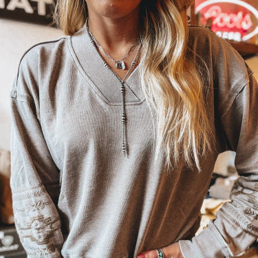 Women's Long-Sleeve Embroidered Spliced Rib-Knit Sweatshirt