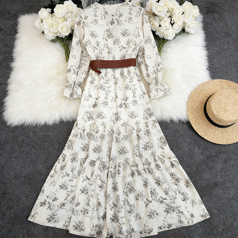 Spring New Womens Printed V-Neck Dress