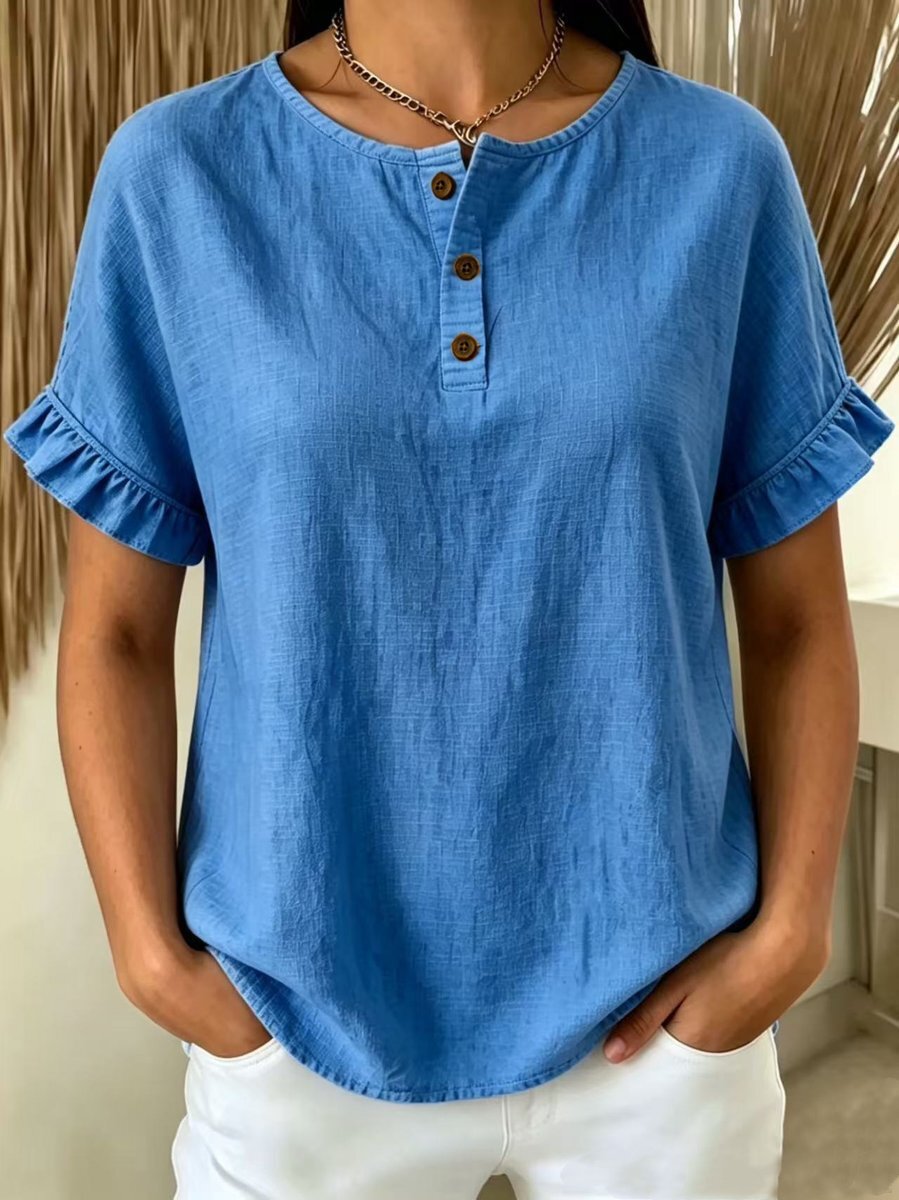 Womens Cotton-Linen Ruffle-Trimmed Button-Up Short-Sleeve Top
