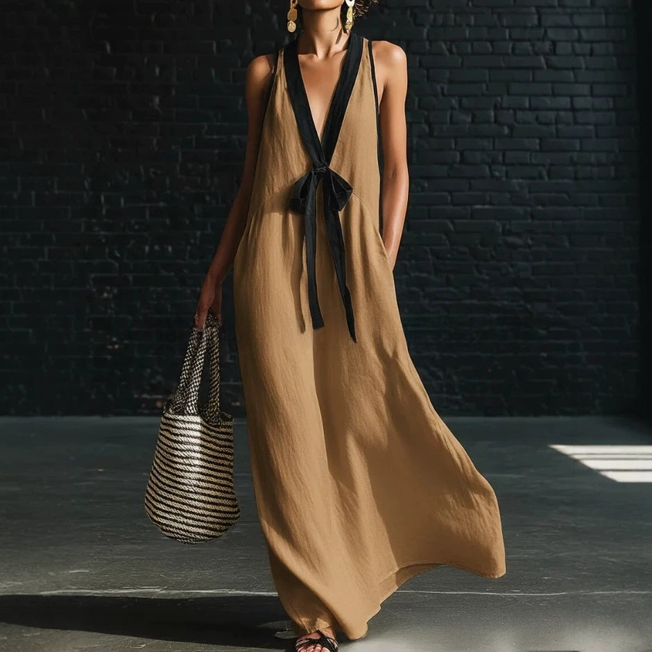 Classic Elegant Contrast-color Necktie Long Dress