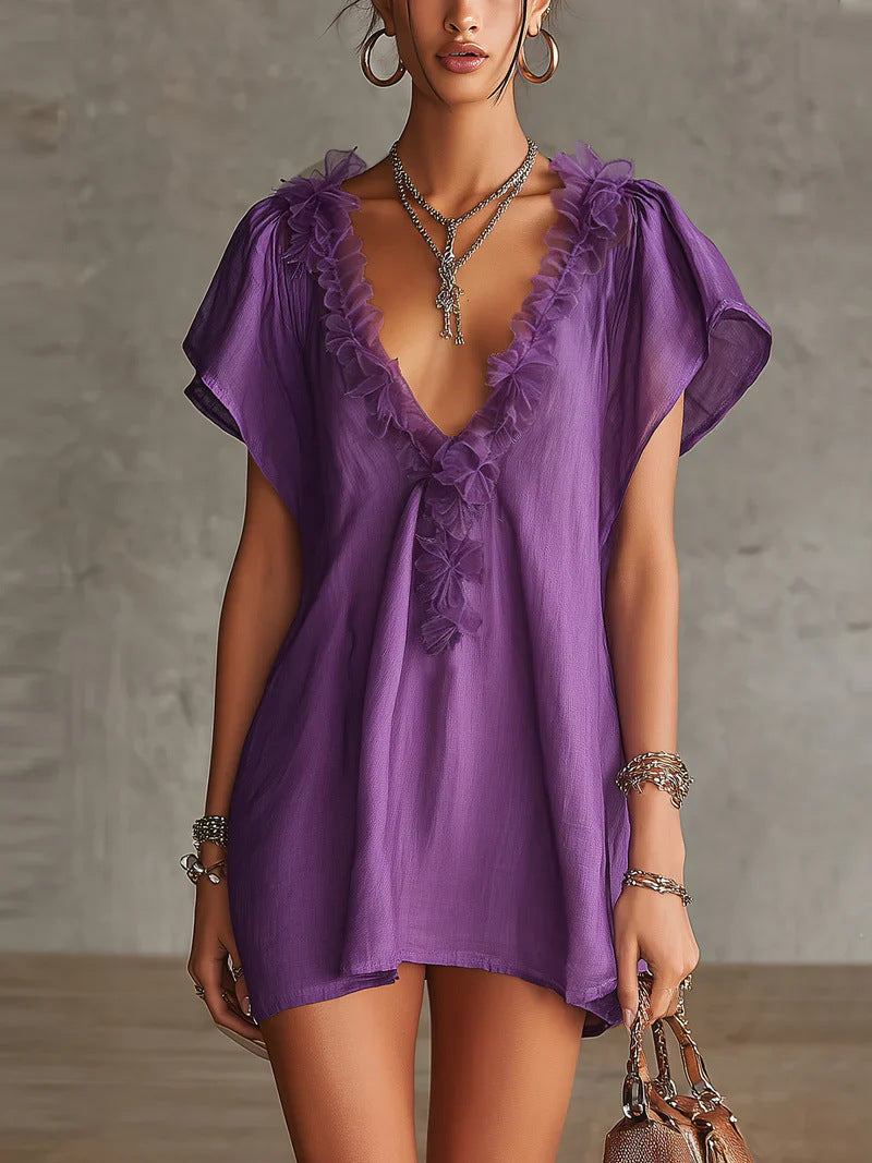 Casual Ruffled V-Neck Short-Sleeve Dress