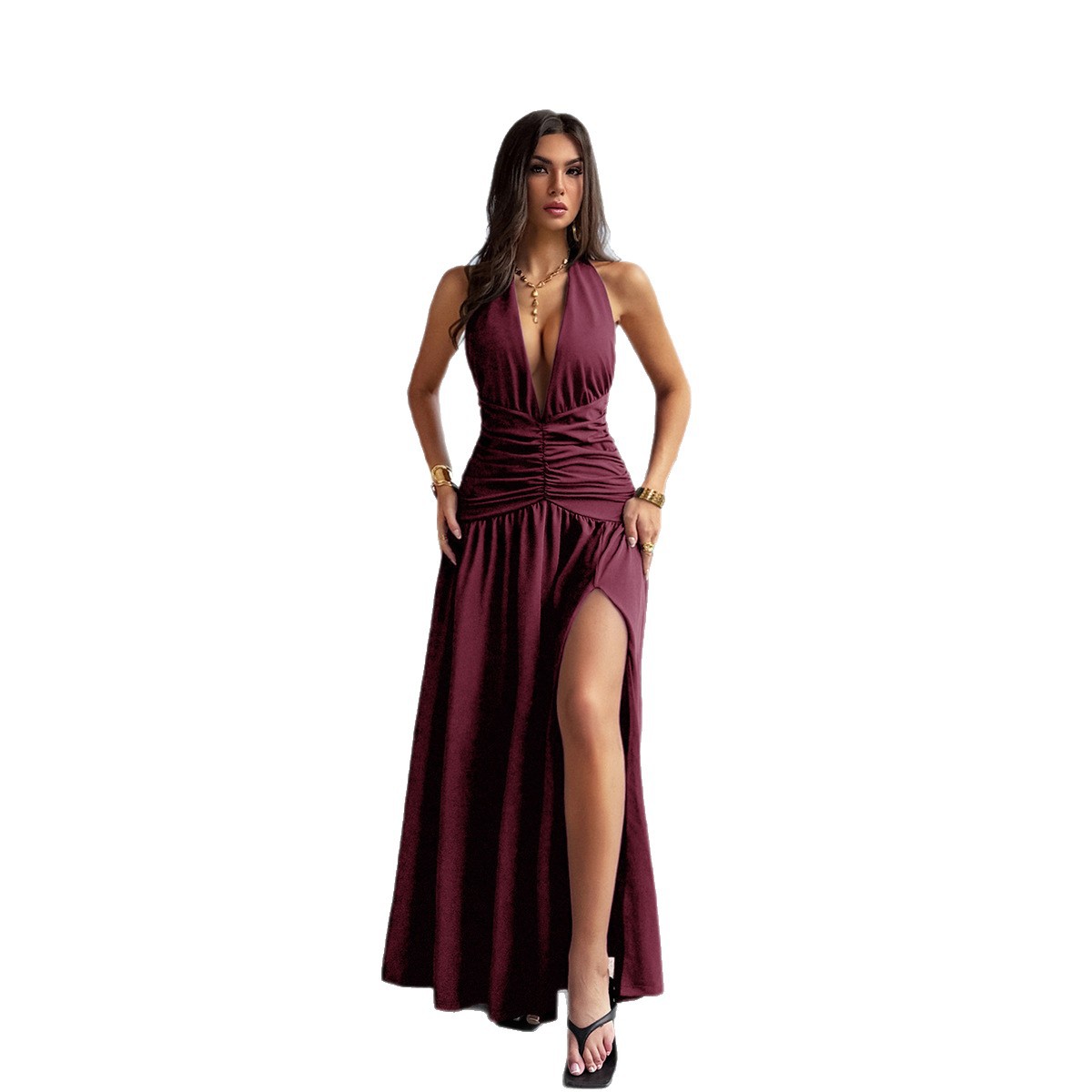 European And American-style Elegant Halter-neck Low-cut High-slit Dress