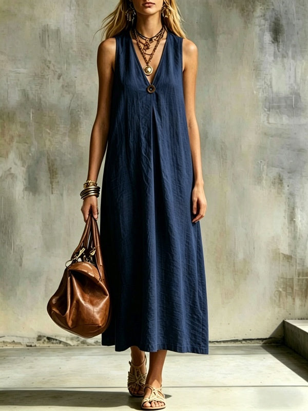 Cotton-Linen Loose V-Neck Single-Buckle Long Sleeveless Dress