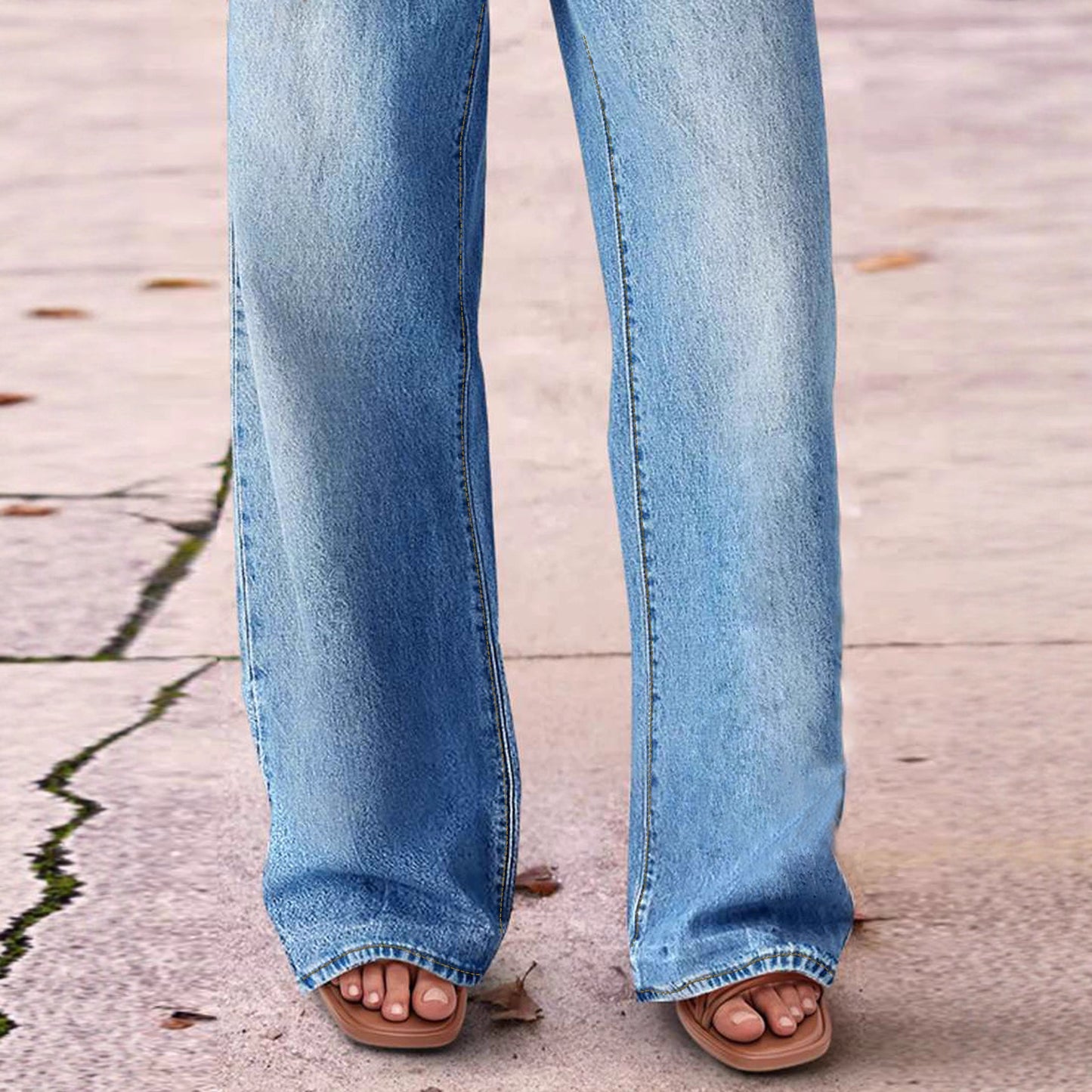 Tied-cord Denim High-waist Slim-fit Straight-leg Pants