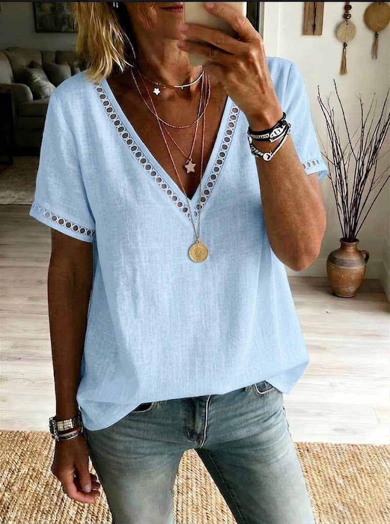 Women's Casual Patchwork Hollow-Out Lace V-Neck Short-Sleeve Top