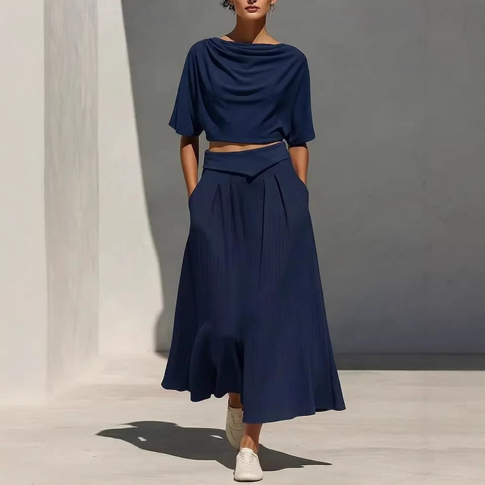 Womens Crew-Neck Short-Sleeve Casual Top And High-Waist Skirt Set