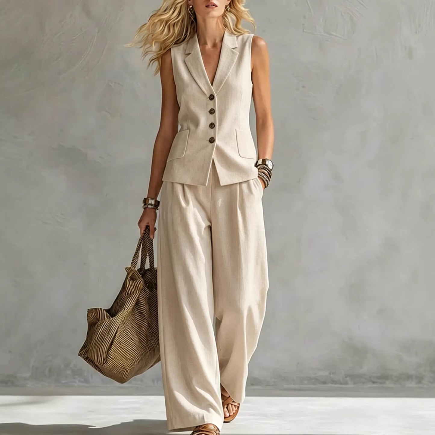 Womens Solid-Colored Sleeveless Casual Linen Tank Top And Pants Set