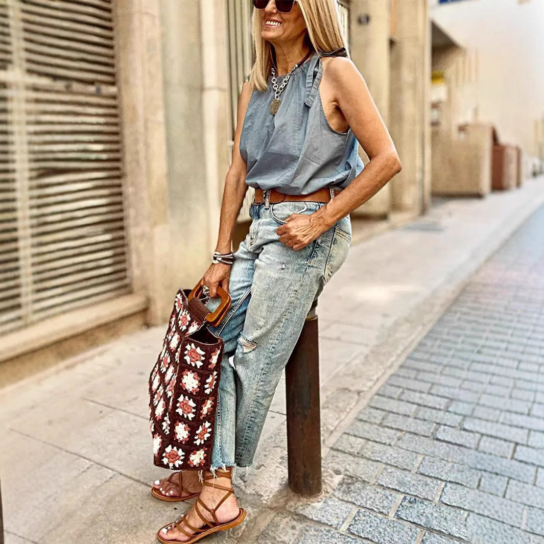 Women's Stretch Denim Loose Straight- Leg Wide-leg Pants