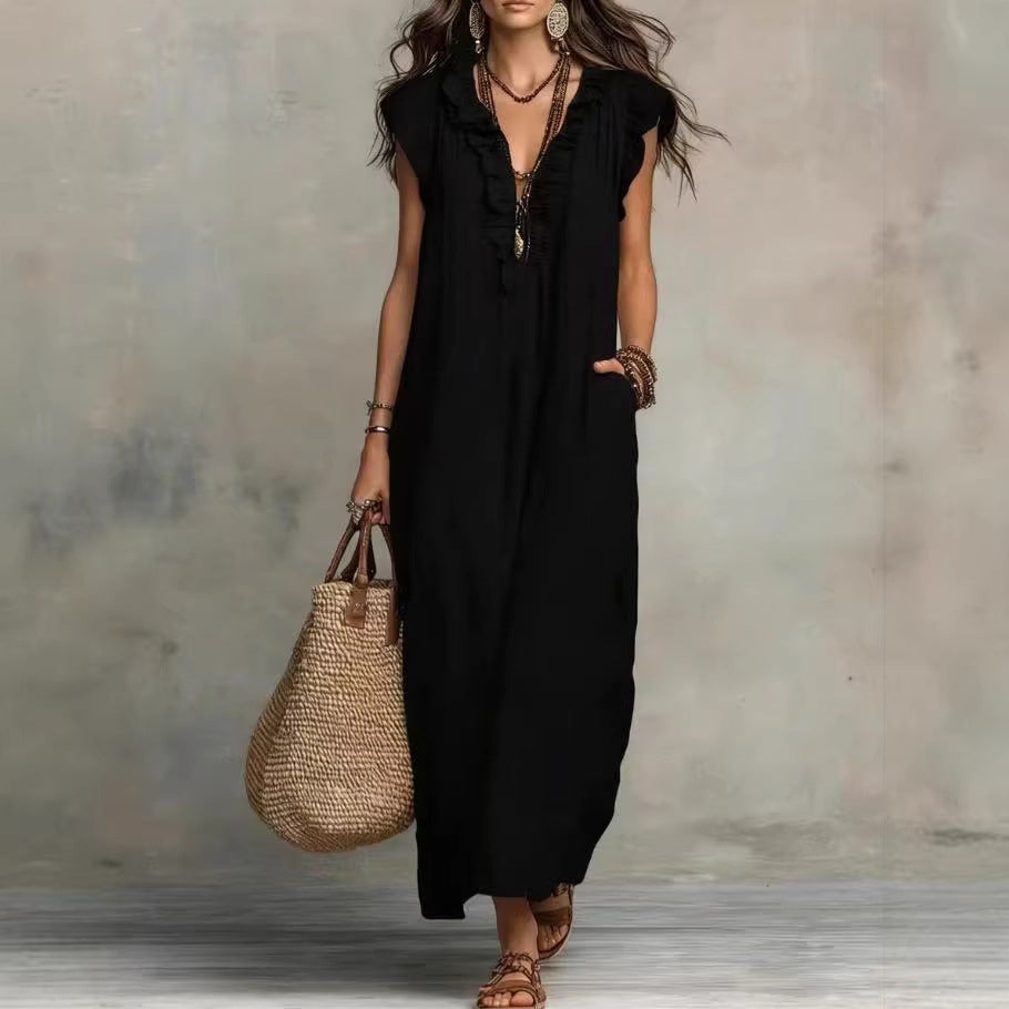 Bohemian Floor-length Dress With Flutter Sleeves