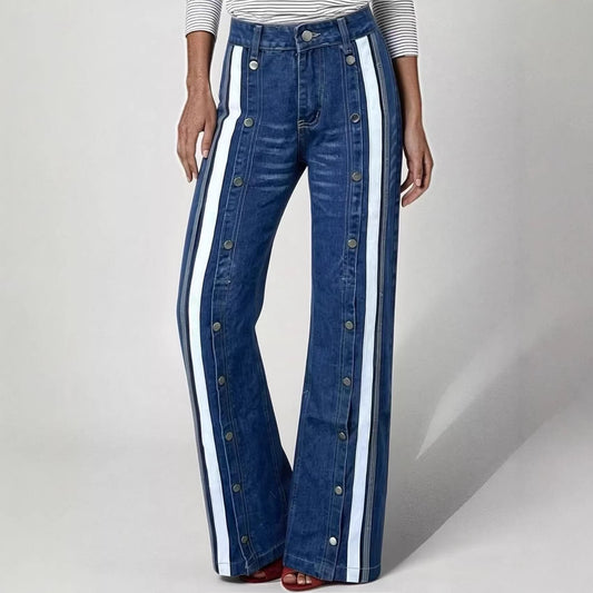 Fashionable Retro Personalized Flared Split Hem Color-Block Wide-Leg Floor-Length Womens Denim Trousers