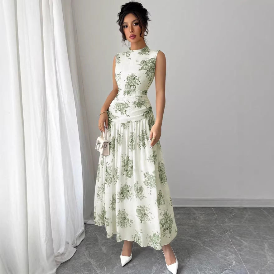 Womens Elegant Round-Neck Sleeveless Printed Waist-Cinching Dress