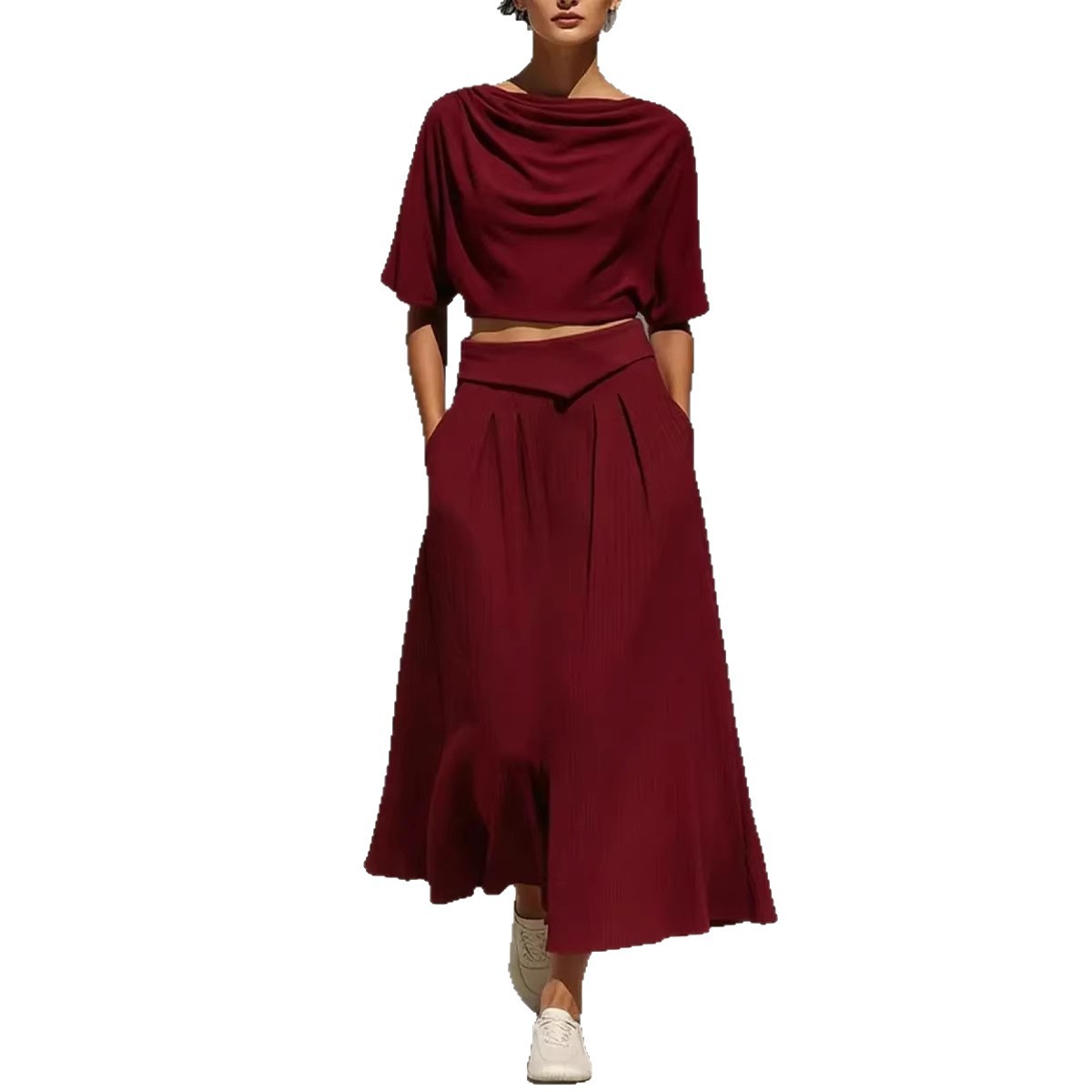 Womens Crew-Neck Short-Sleeve Casual Top And High-Waist Skirt Set