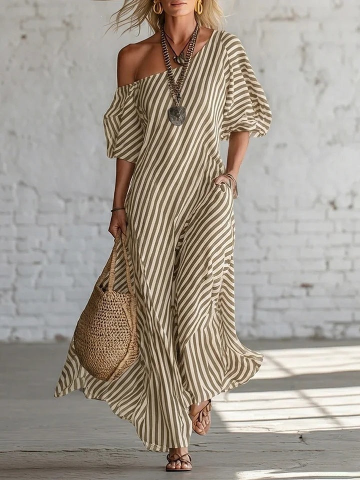 Spring Elegant Striped Off-Shoulder Dress