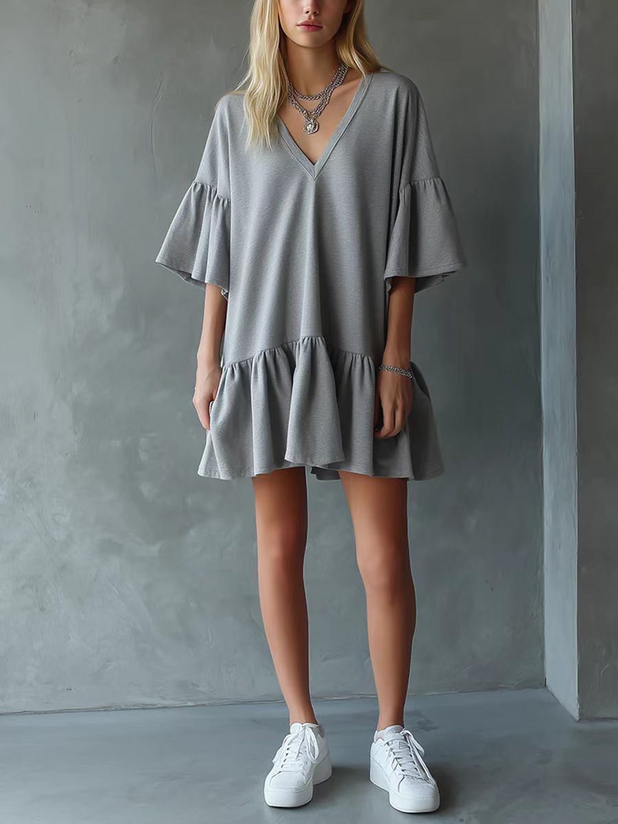 Womens Ruffled V-Neck Solid Color Loose Short Dress