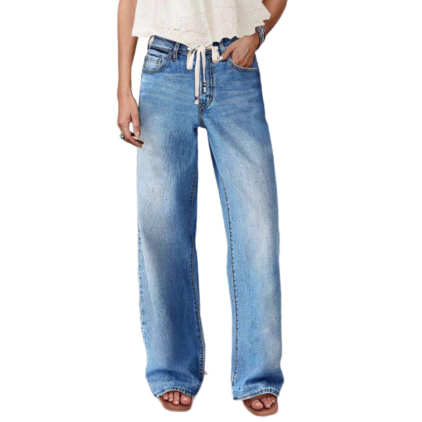 Tied-cord Denim High-waist Slim-fit Straight-leg Pants