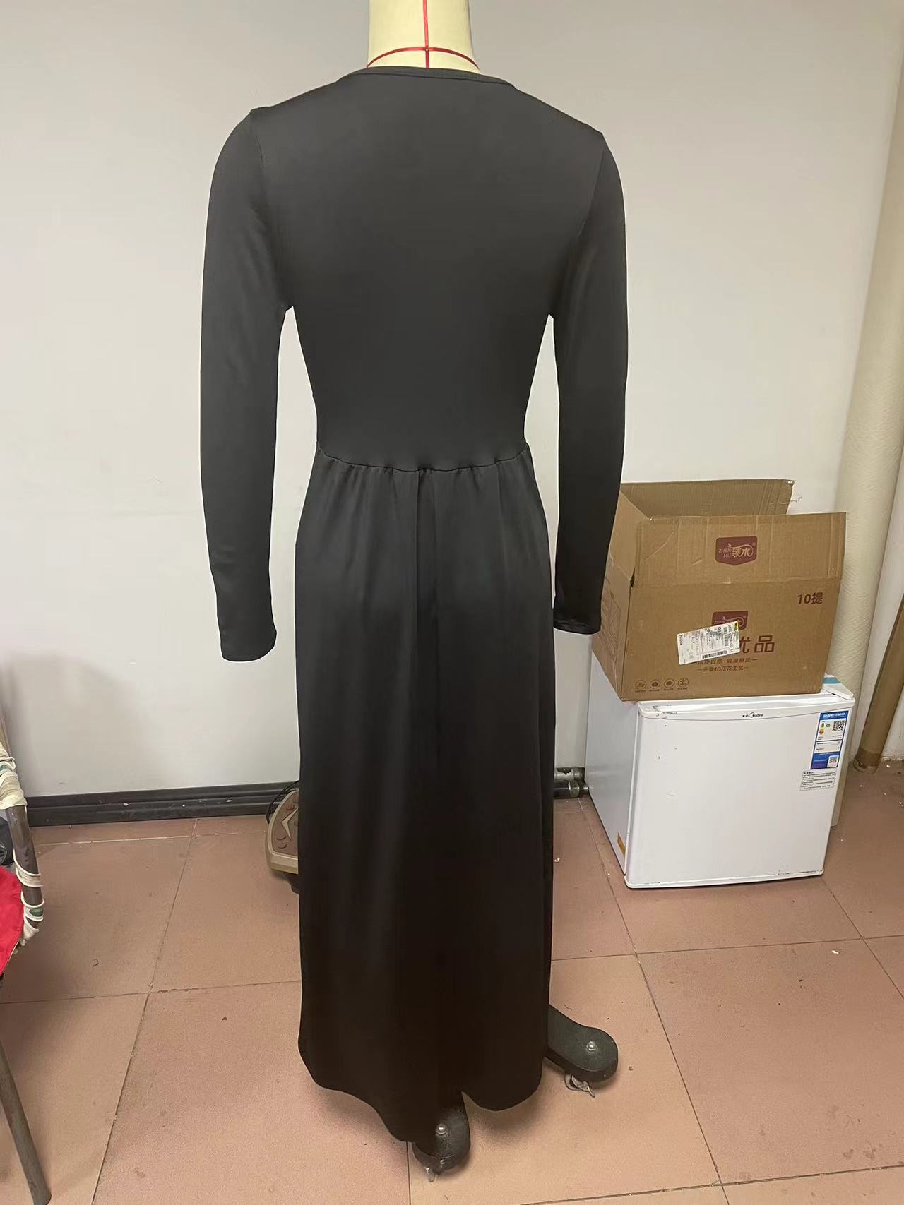 Long-sleeve V-neck Solid-color Hollow-out Dress