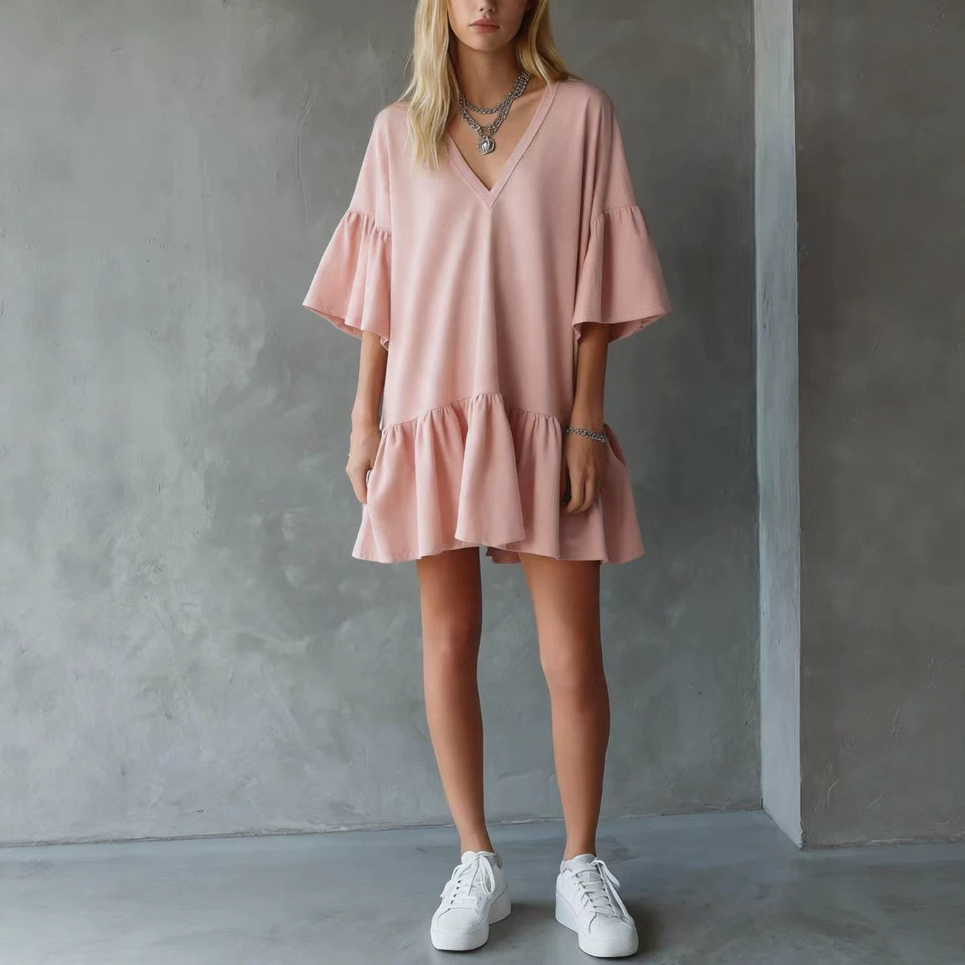 Womens Ruffled V-Neck Solid Color Loose Short Dress