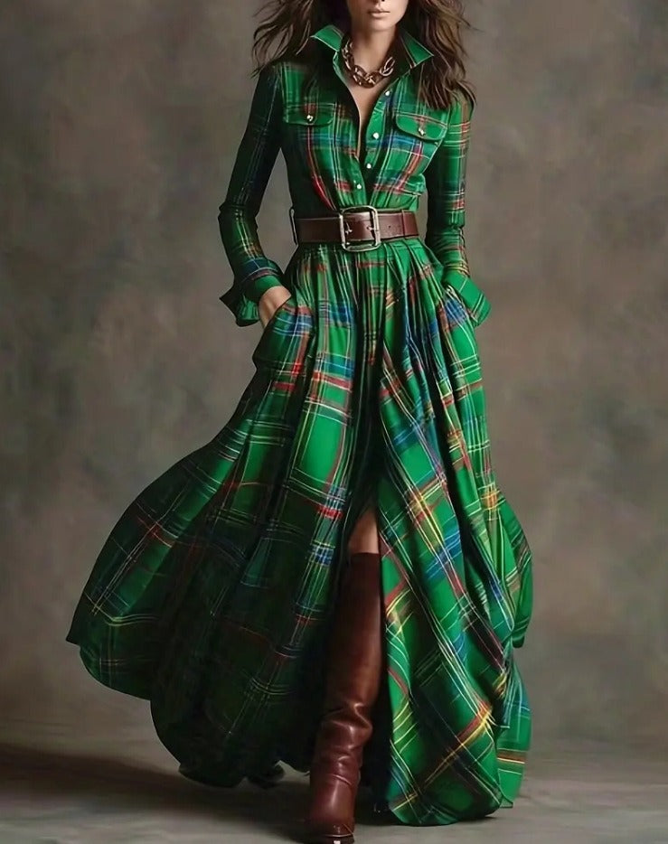 Ins Plaid Print Long-Sleeved Dress Fashion Pockets Collared Buttons Shirt Long Dresses Retro Women's Clothing