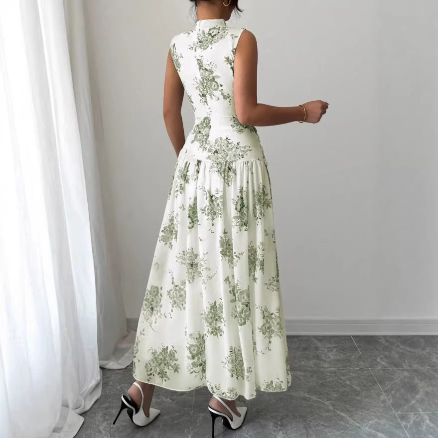 Womens Elegant Round-Neck Sleeveless Printed Waist-Cinching Dress