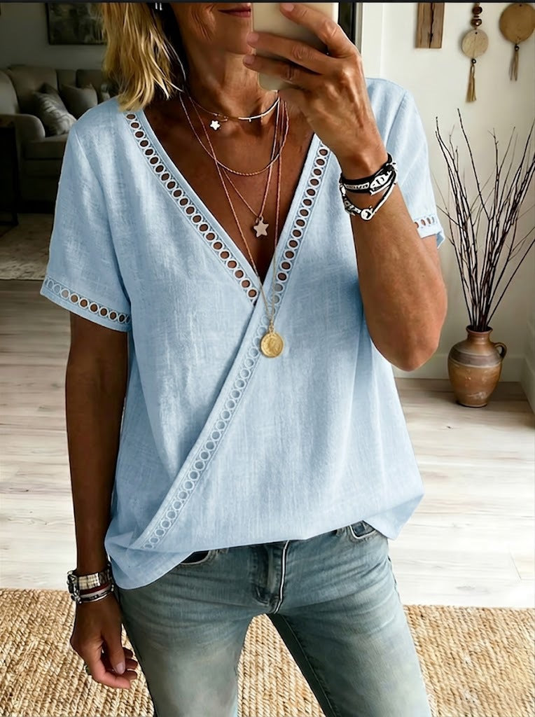 Casual Patchwork Hollow-Out Lace V-Neck Short-Sleeve Top