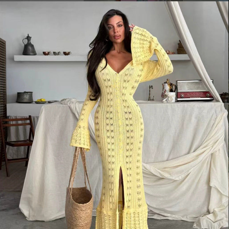 Women's Solid-Color Long Knitted Cardigan Outerwear