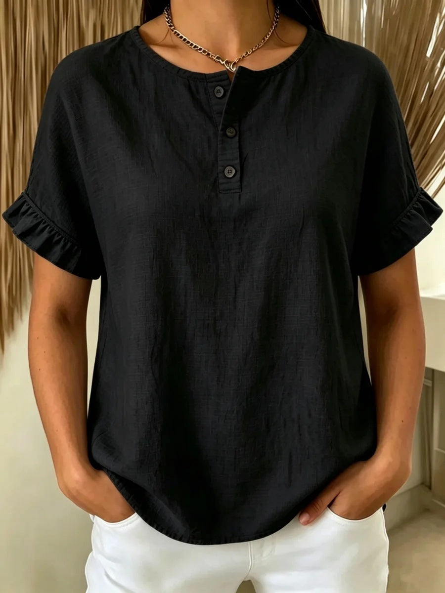 Womens Cotton-Linen Ruffle-Trimmed Button-Up Short-Sleeve Top
