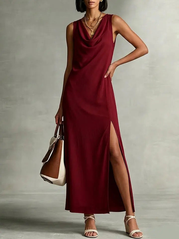 Womens Fashion Split Hem Draped Neckline Sleeveless Chiffon Dress