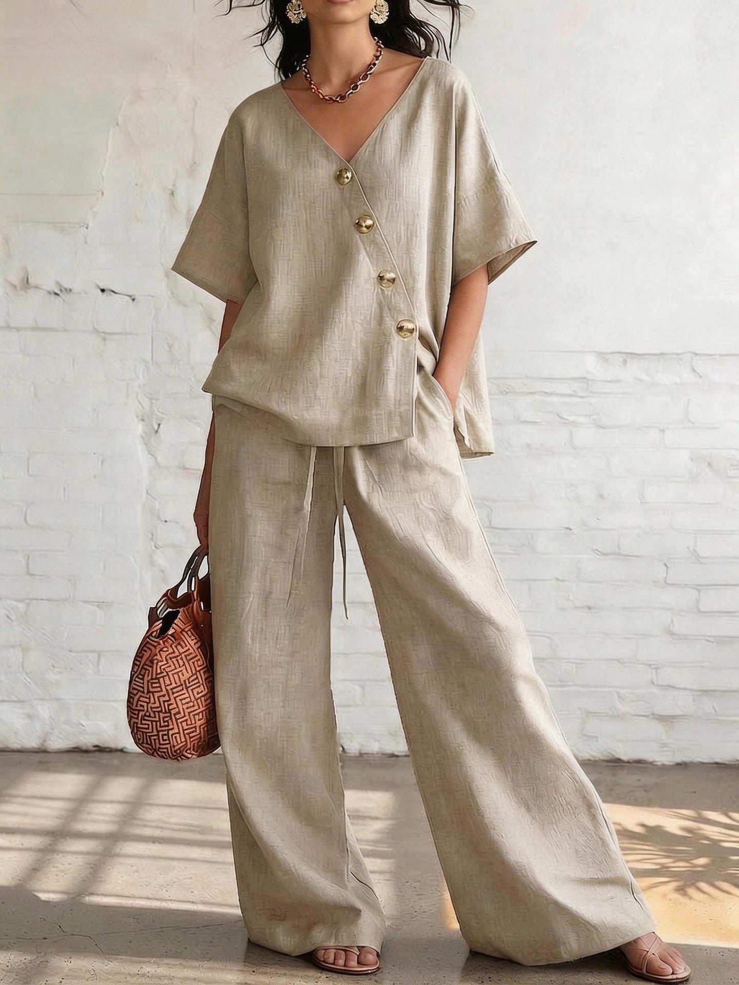 Casual Vacation Loose Cotton-Linen V-Neck Wide-Leg Pants Two-Piece Set