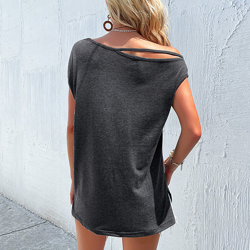 Irregular Off-Shoulder Top Summer Solid Color Hollow-Out T-Shirt