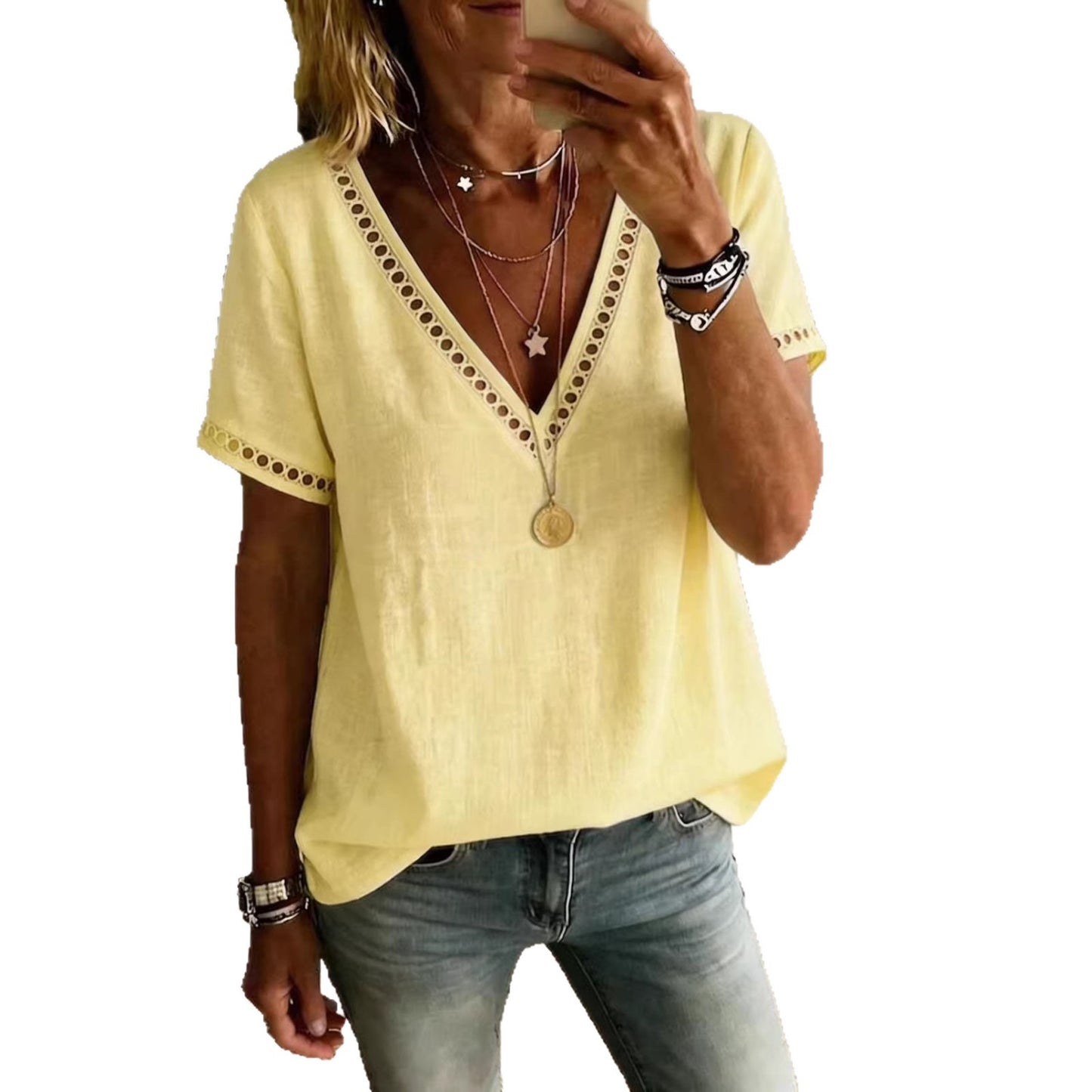 Women's Casual Patchwork Hollow-Out Lace V-Neck Short-Sleeve Top