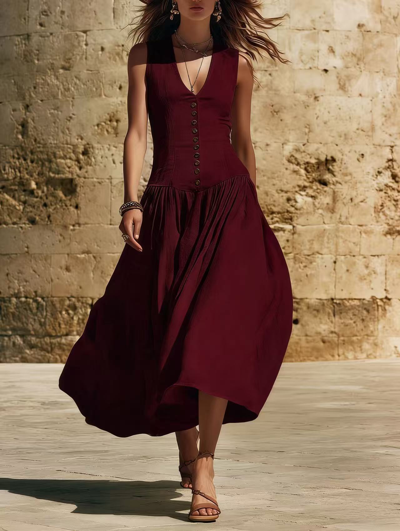 V-Neck Buttoned Chic Elegant Sleeveless Cotton-Linen Dress