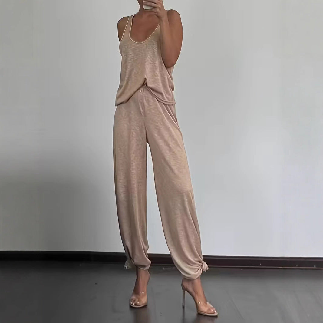 Womens Home Fitness Two-Piece Set Tank Top And Wide-Leg Pants