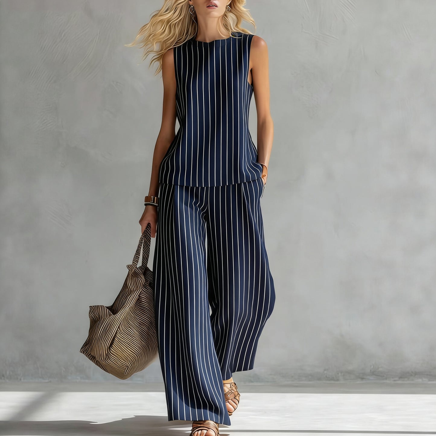 Women's Casual Sleeveless Printed Wide-Leg Pants Two-Piece Set