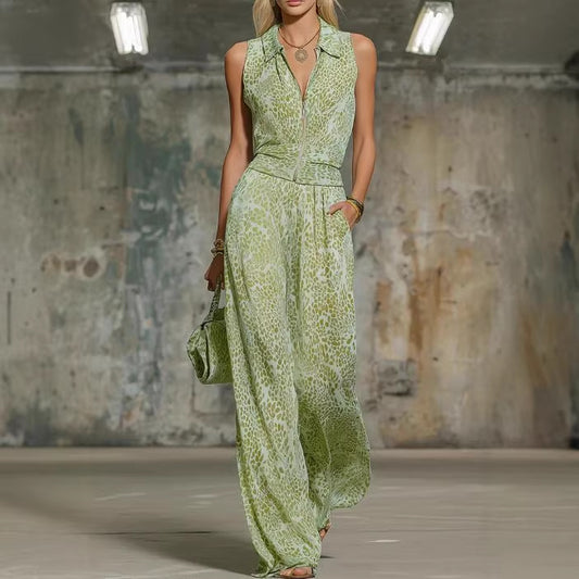 Printed Zip-up Sleeveless Jumpsuit