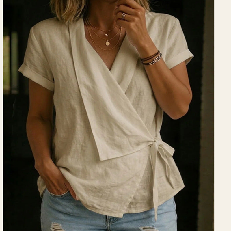 Women's Casual Lapel Collar Lace-Up Short-Sleeve Top