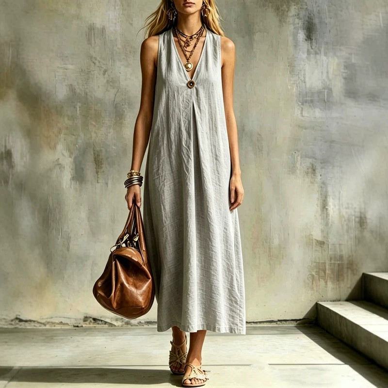 Cotton-Linen Loose V-Neck Single-Buckle Long Sleeveless Dress