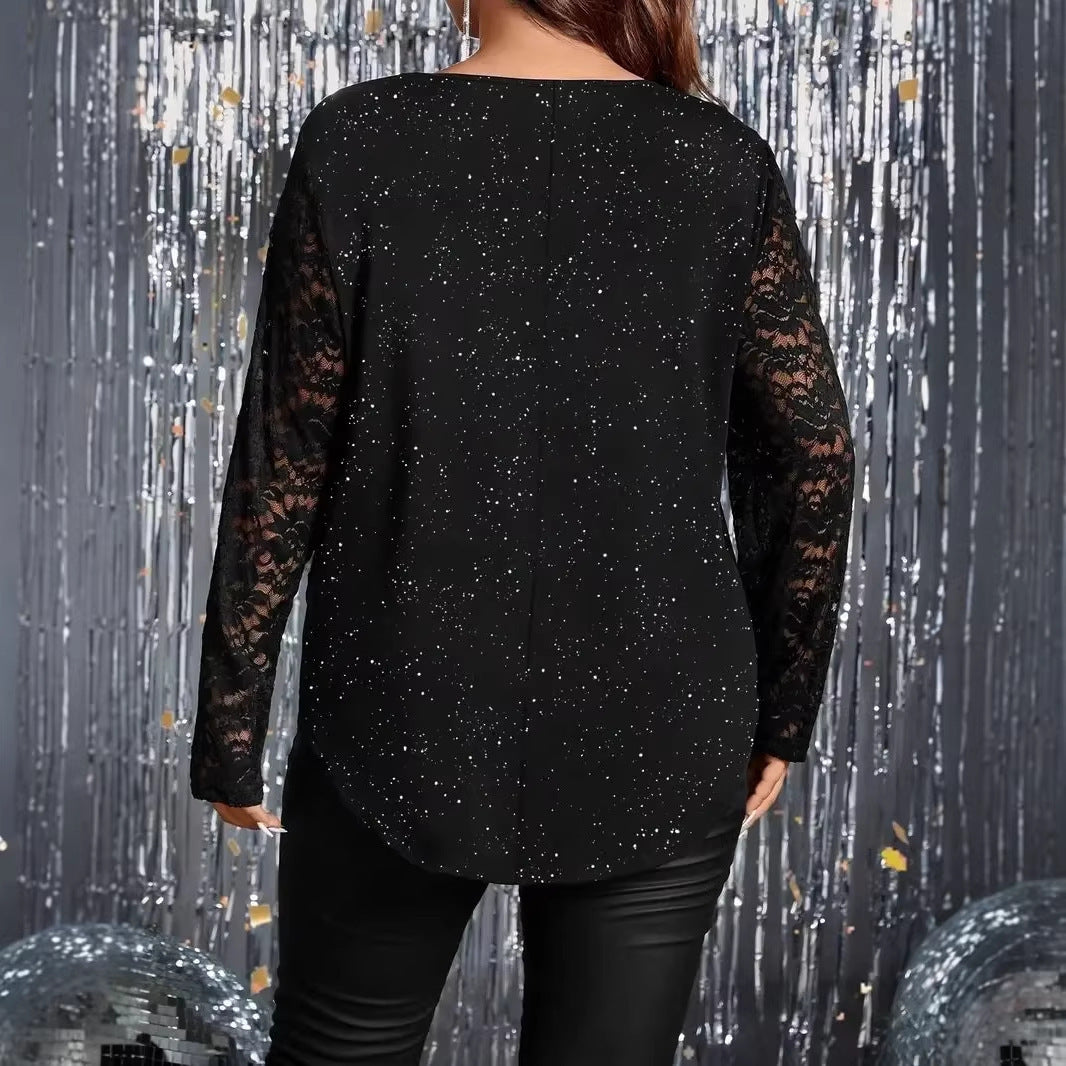 Womens Loose Powder-Effect Elegant Lace V-Neck Long-Sleeve T-Shirt