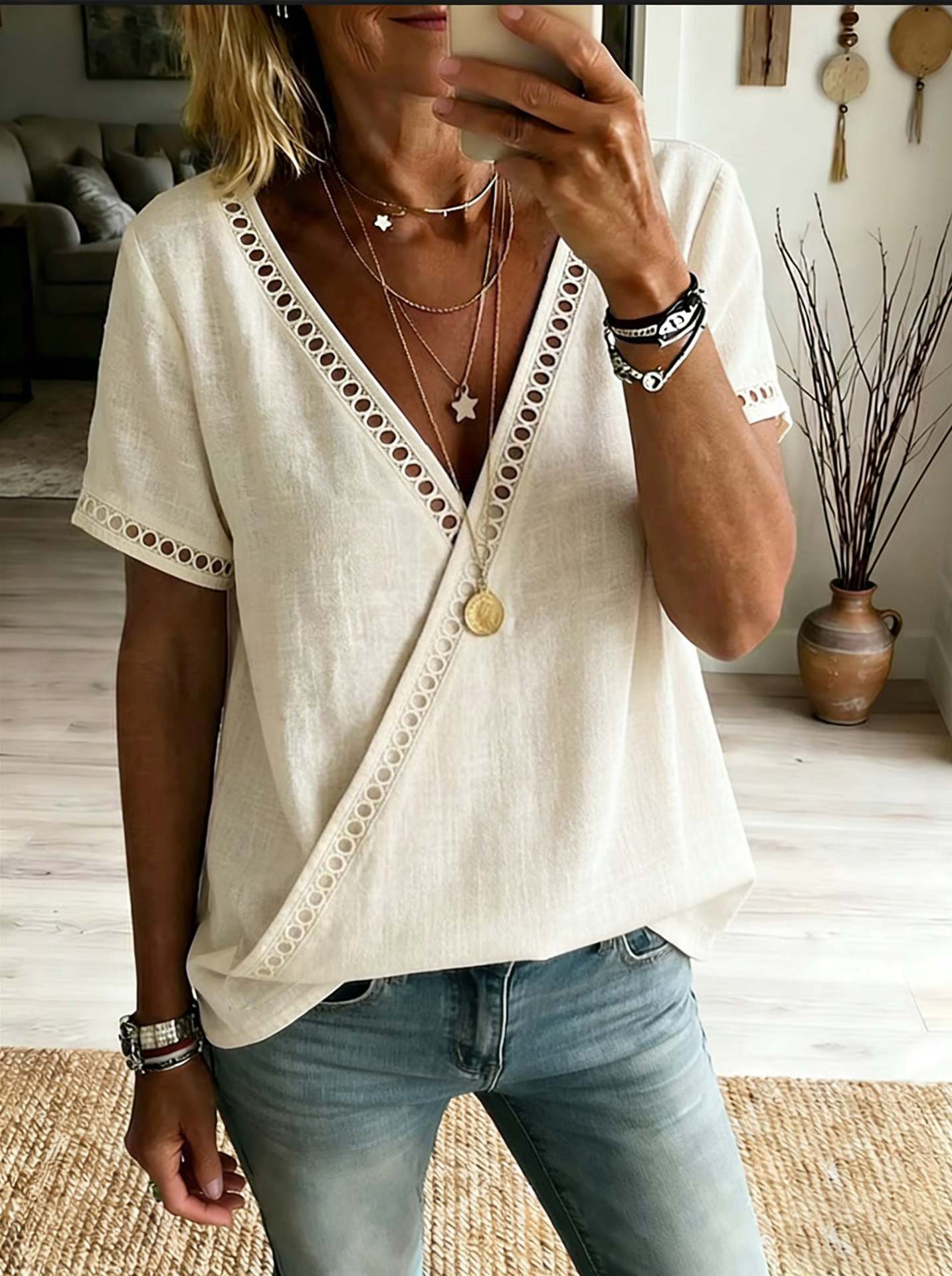 Casual Patchwork Hollow-Out Lace V-Neck Short-Sleeve Top
