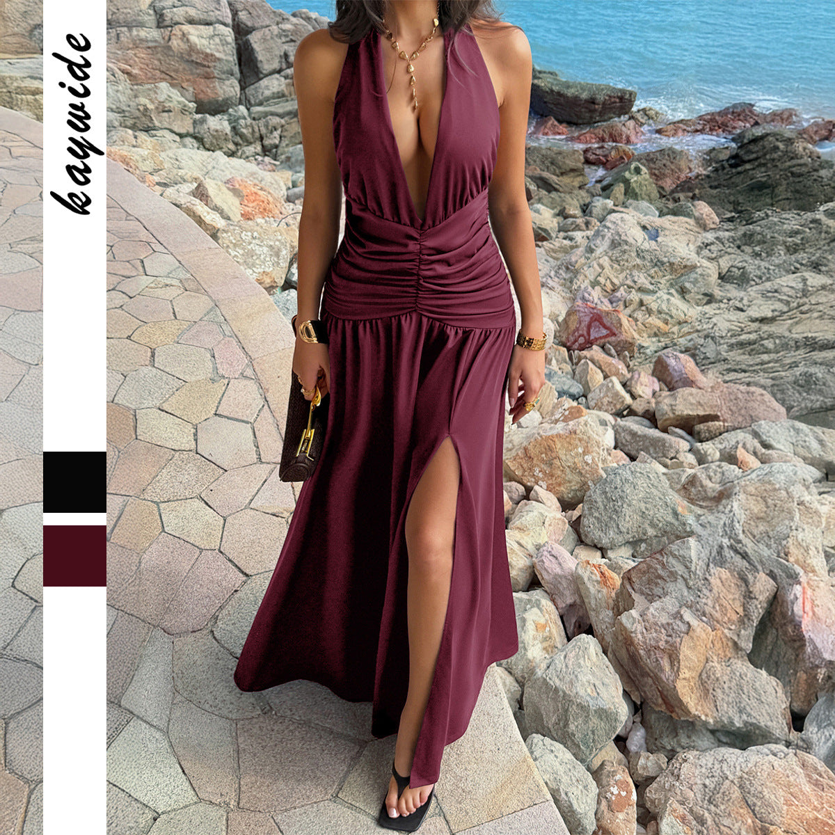 European And American-style Elegant Halter-neck Low-cut High-slit Dress